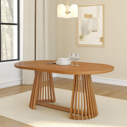 Modern wooden dining table with unique base design in stylish dining room setting.