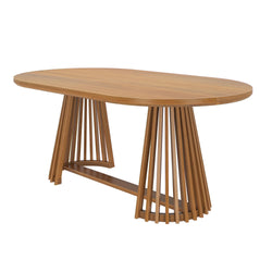 Modern wooden dining table with unique slatted leg design and oval tabletop.