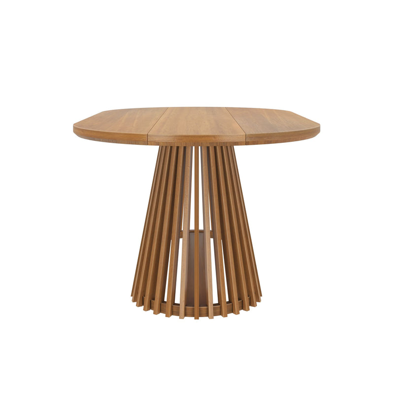 Modern wooden dining table with a unique geometric base design.