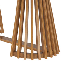 Wooden slatted furniture base close-up, showcasing modern design elements.