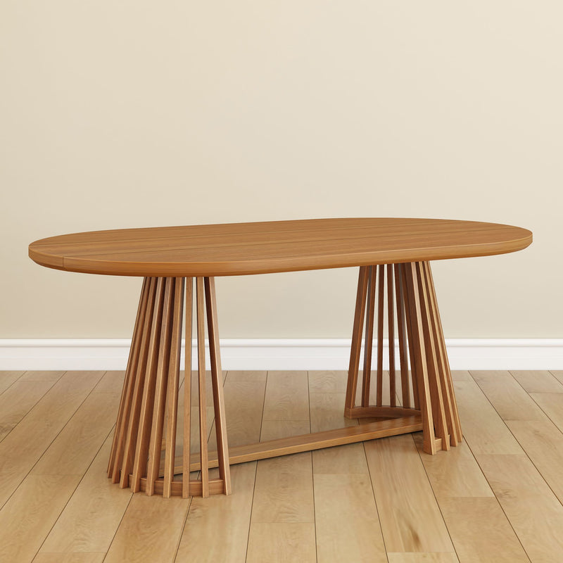 Modern wooden dining table with unique slatted base design on hardwood floor.