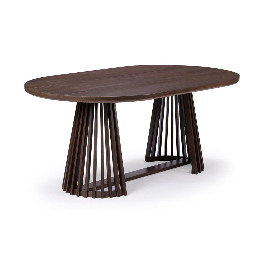 Modern oval wooden dining table with unique slatted pedestal legs on a white background.
