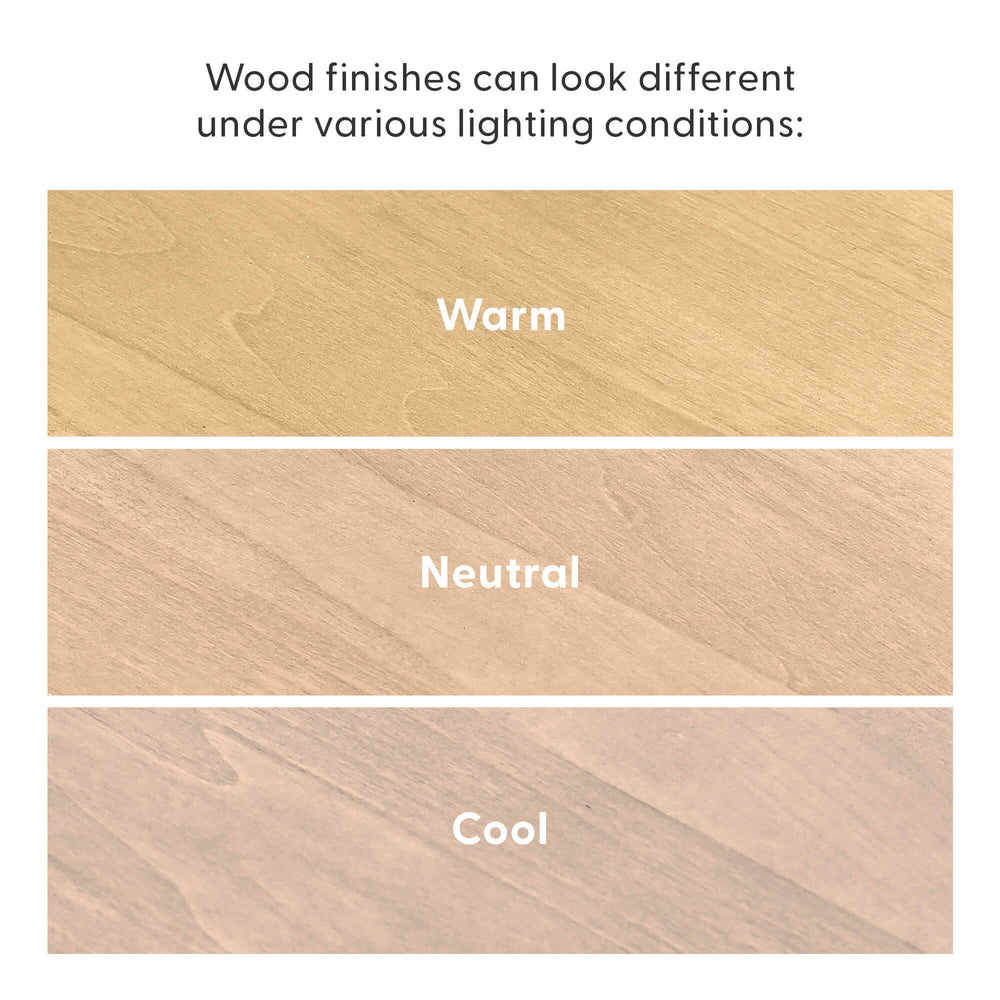 Comparison of wood finishes under different lighting conditions: warm, neutral, cool.