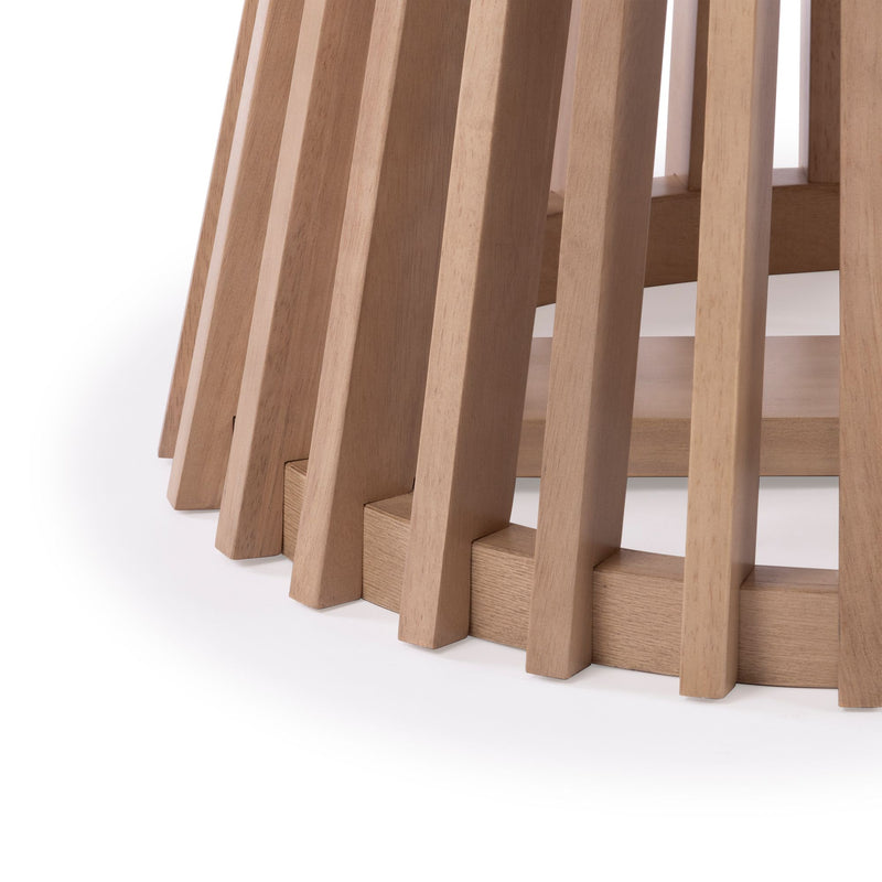 Close-up of natural oak slatted round wooden table base, Scandinavian modern coffee table with vertical slats and light wood finish