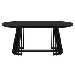 Modern black oval dining table with unique metal base design.
