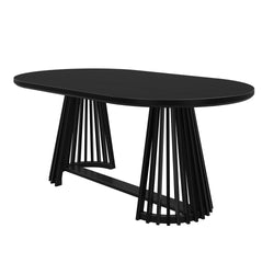 Modern black oval dining table with geometric metal base design.