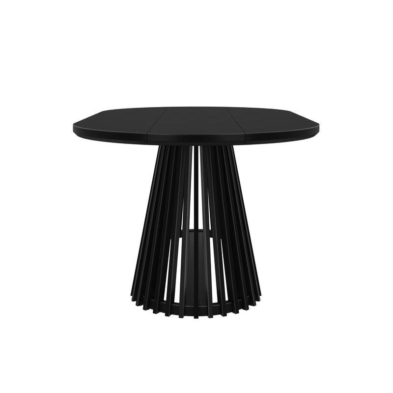 Modern black dining table with pedestal base and sleek design.