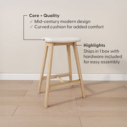 Mid-century modern wooden bar stool with a curved cushion and easy assembly features.