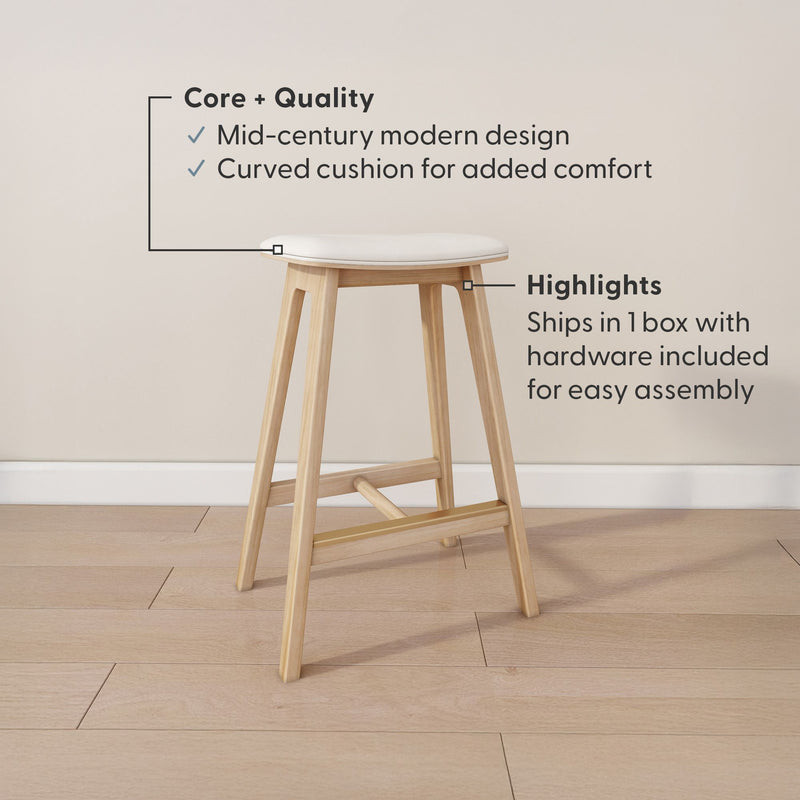 Mid-century modern wooden bar stool with a curved cushion and easy assembly features.