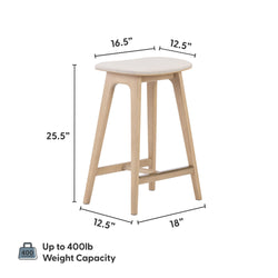 Natural wood bar stool with beige cushion, dimensions 16.5x12.5x25.5 inches, 400 lb capacity.