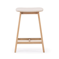 Contemporary wooden bar stool with cushioned white seat for modern kitchen or dining room.
