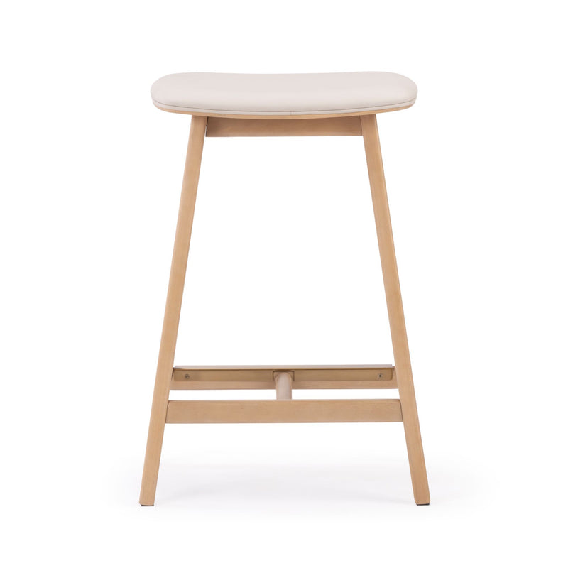 Contemporary wooden bar stool with cushioned white seat for modern kitchen or dining room.