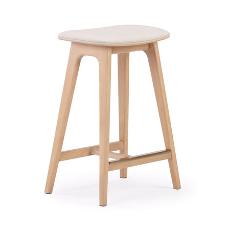 Modern wooden bar stool with cushioned seat in minimalist design.