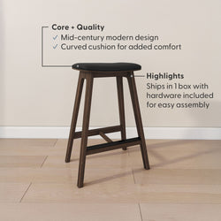 Mid-century modern backless wooden stool with curved black cushion and walnut finish, built-in footrest, easy assembly with hardware included and ships in one box