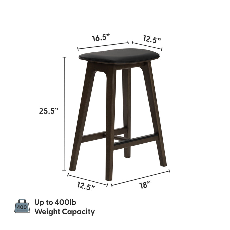 25.5 in counter stool with padded black seat and dark wood frame, mid-century modern design; seat 16.5 x 12.5 in, base 18 x 12.5 in, up to 400 lb weight capacity