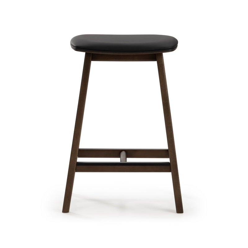 Modern walnut counter-height bar stool with black leather cushion, angled legs and footrest for kitchen island seating.