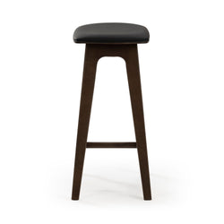 Mid-century modern dark wood bar stool with black upholstered seat and tapered legs for kitchen island or home bar