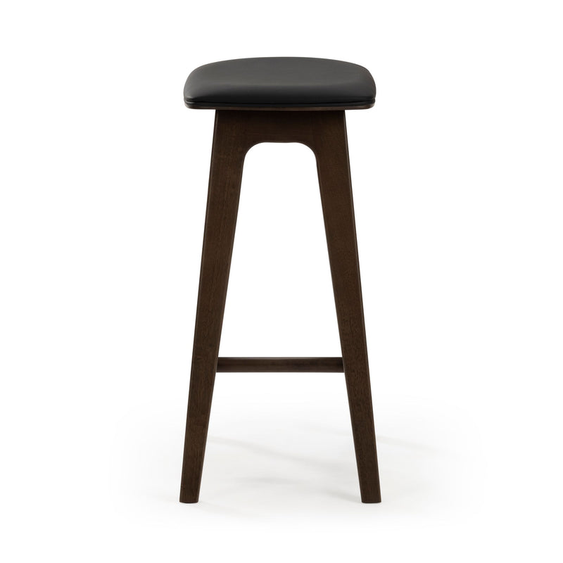 Mid-century modern dark wood bar stool with black upholstered seat and tapered legs for kitchen island or home bar