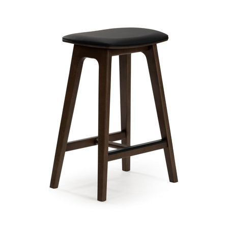Mid-century modern backless counter-height bar stool with walnut wood frame, black leather seat cushion and footrest