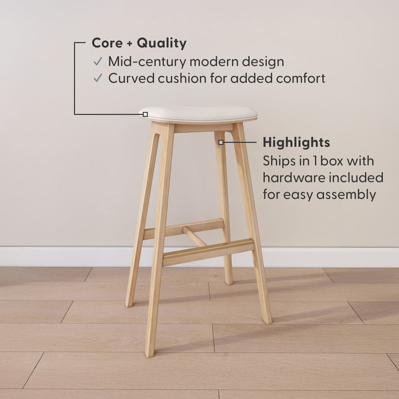 Mid-century modern wooden stool with curved cushion, ideal for easy assembly and comfort.