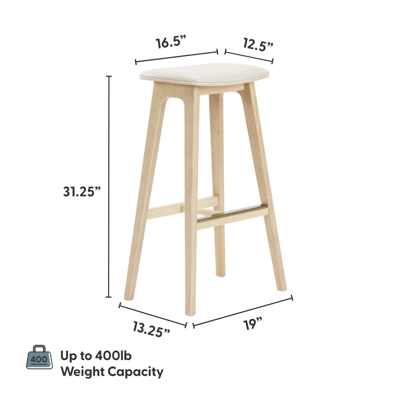 High wooden bar stool with ergonomic design and 400lb weight capacity, featuring dimensions 31.25” height, 16.5” width, 12.5” depth.