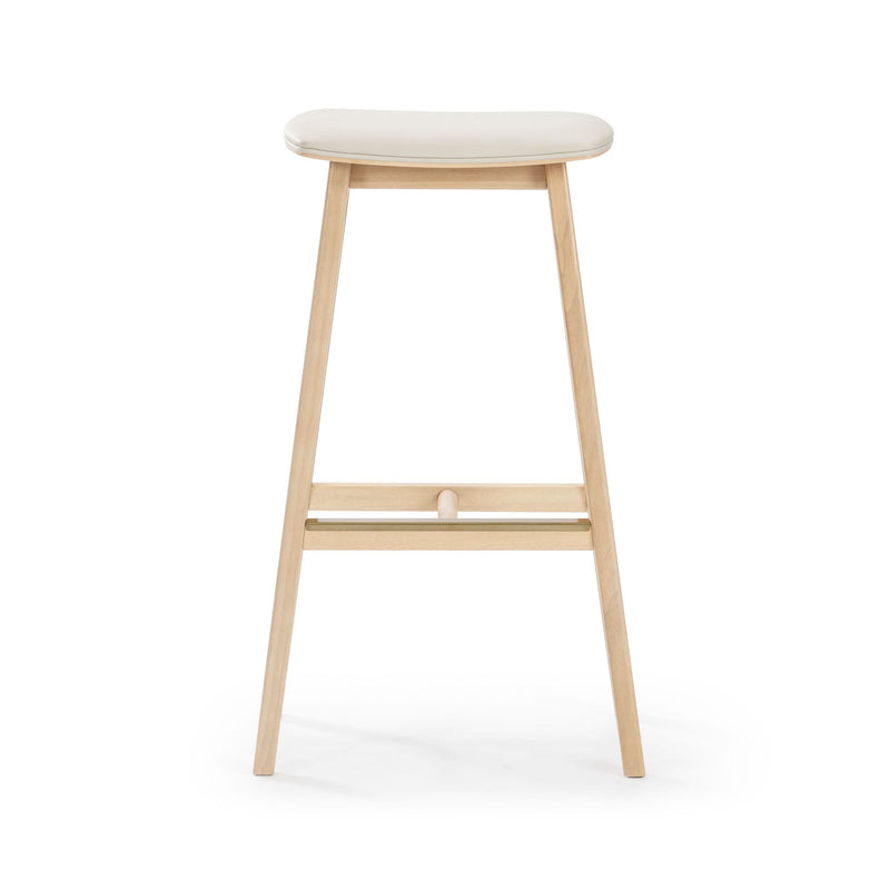 Minimalist wooden bar stool with white cushion seat, ideal for modern kitchen or bar settings.