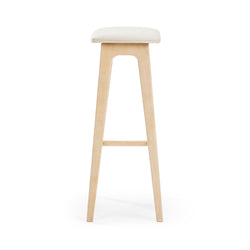 Minimalist Scandinavian light oak bar stool with white upholstered seat — counter-height wooden kitchen stool