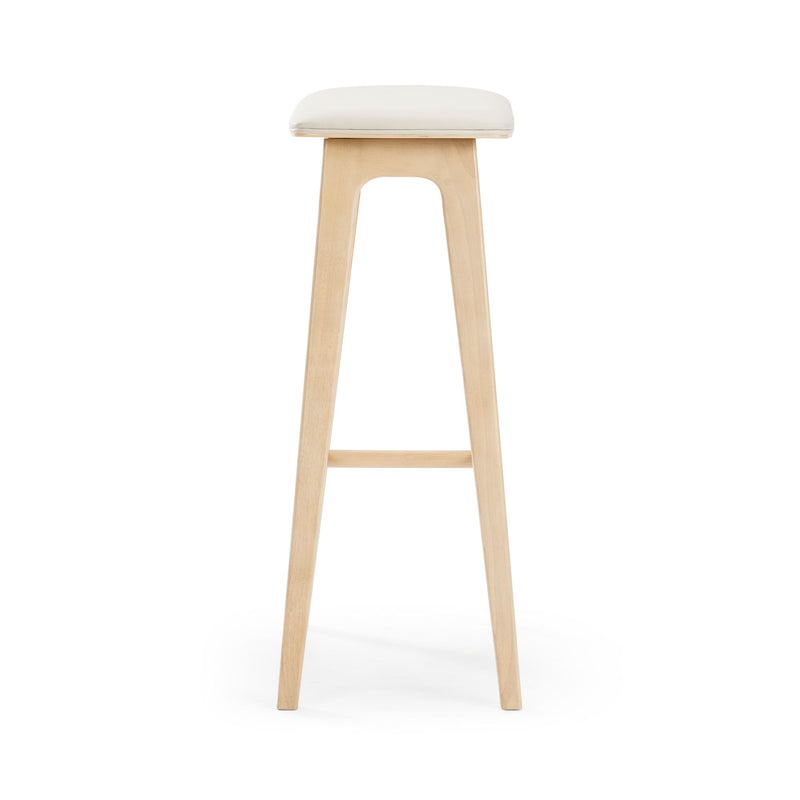 Minimalist Scandinavian light oak bar stool with white upholstered seat — counter-height wooden kitchen stool