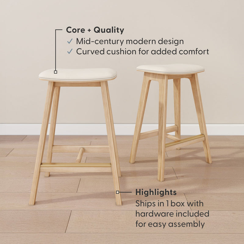 Mid-century modern bar stools with curved cushions for comfort, easy assembly hardware included.