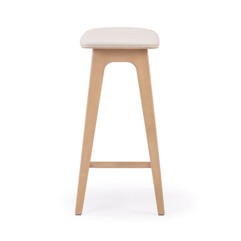 Minimalist natural wood counter-height bar stool with white upholstered seat, tapered legs and footrest for kitchen island