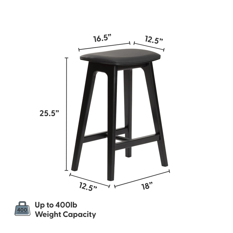 Black wooden counter-height stool with padded black seat, modern bar stool 25.5‑inch height, 16.5″ x 12.5″ seat, 18″ base and sturdy wood legs supporting up to 400 lb weight capacity