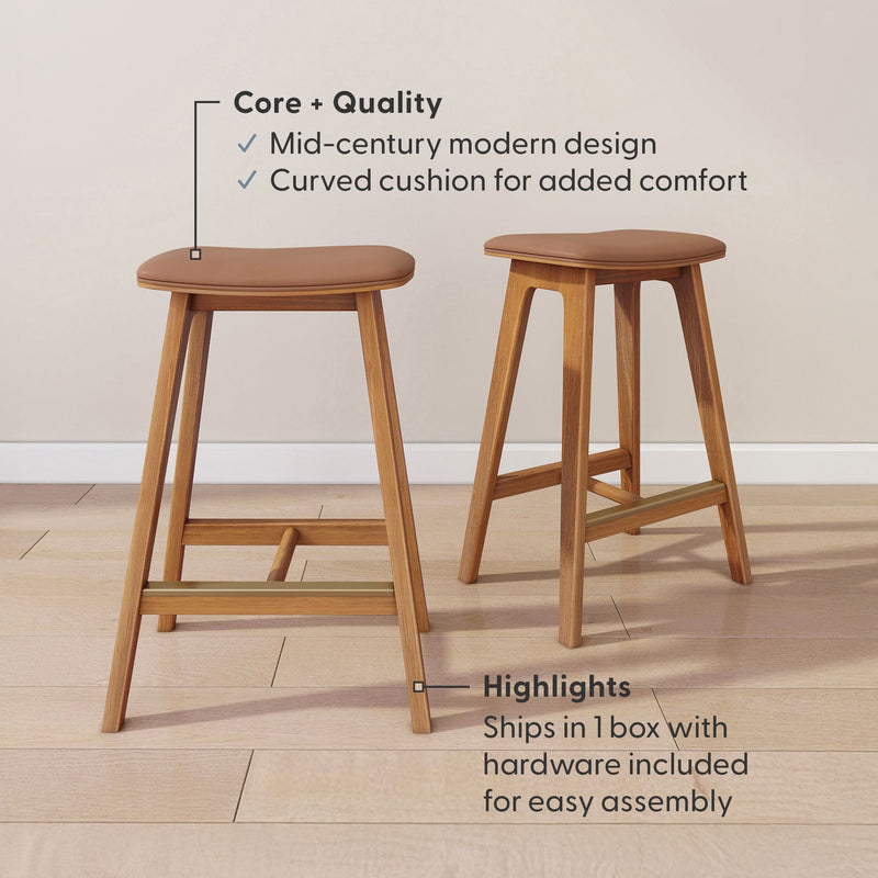 Mid-century modern wooden barstools with curved cushions, highlighting easy assembly and comfort features.