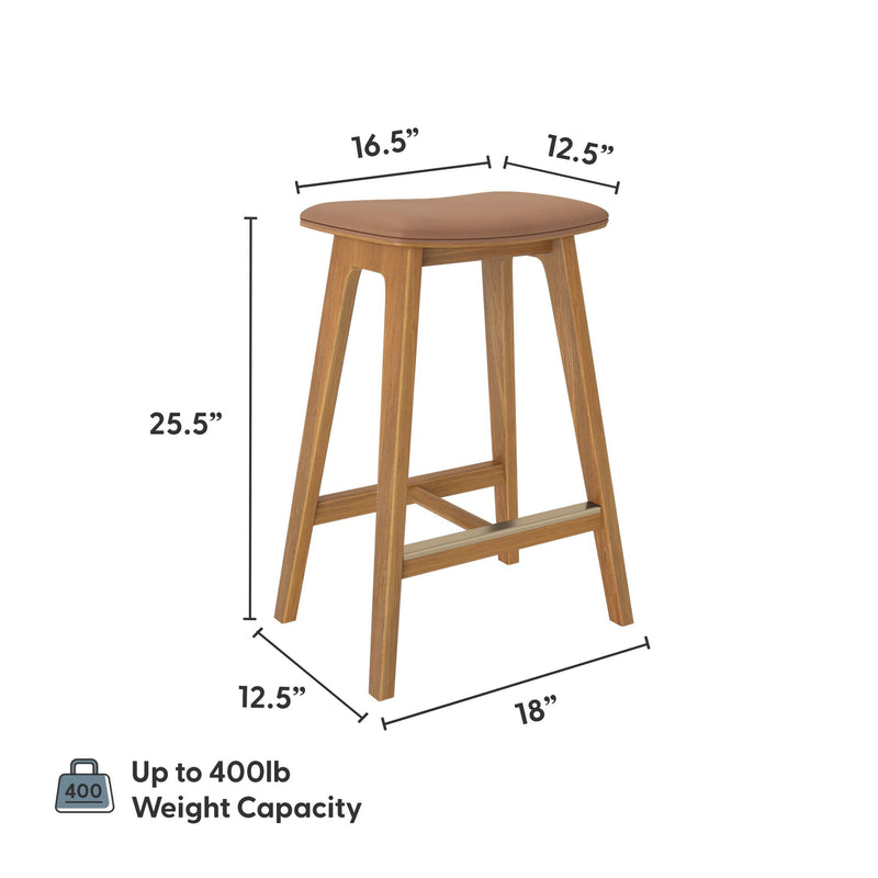 Wooden bar stool with brown seat, dimensions 25.5” height, 16.5” width, 12.5” depth, 18” base, 400 lb weight capacity.