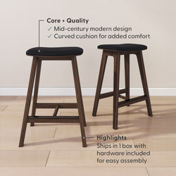 Set of 2 mid-century modern walnut bar stools with black curved cushioned seats, wooden legs and footrests — counter-height seating that ships in one box with hardware for easy assembly