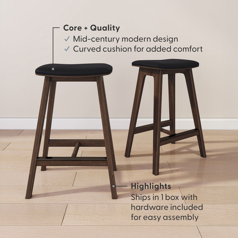Set of 2 mid-century modern walnut bar stools with black curved cushioned seats, wooden legs and footrests — counter-height seating that ships in one box with hardware for easy assembly