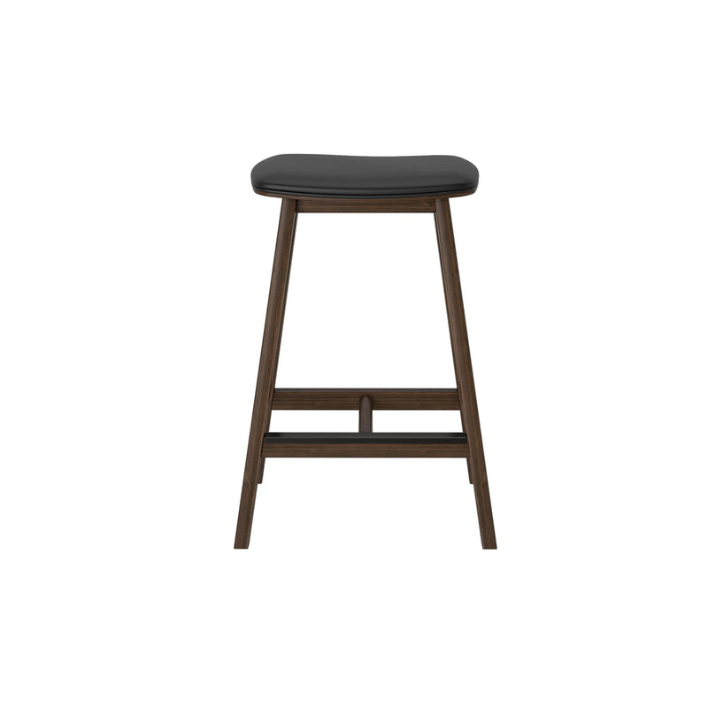Front view modern mid-century counter‑height bar stool with dark walnut wood frame, black leather cushioned seat and footrest, ideal for kitchen island or home bar, isolated on white background