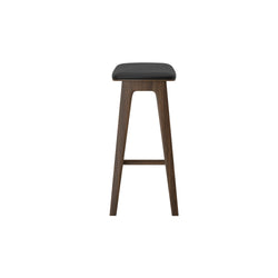 Mid-century modern dark walnut wooden bar stool with black upholstered, backless seat and footrest on white background