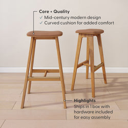 Mid-century modern wooden bar stools with curved cushions, highlighting quality design and easy assembly.