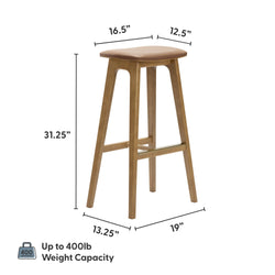 Wooden bar stool with dimensions and 400 lb weight capacity.