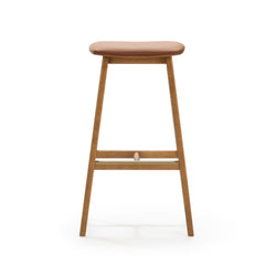 Modern wooden bar stool with a cushioned seat in a minimalist design.