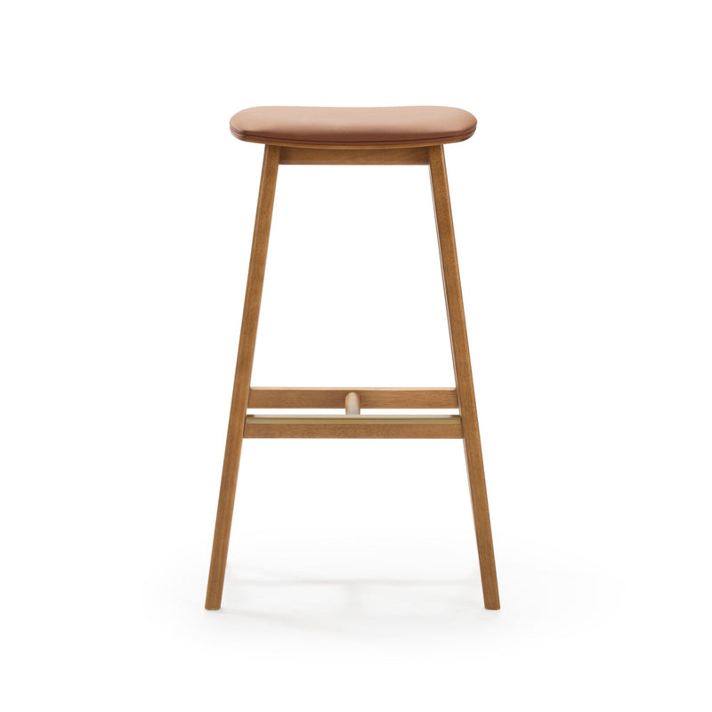 Modern wooden bar stool with a cushioned seat in a minimalist design.