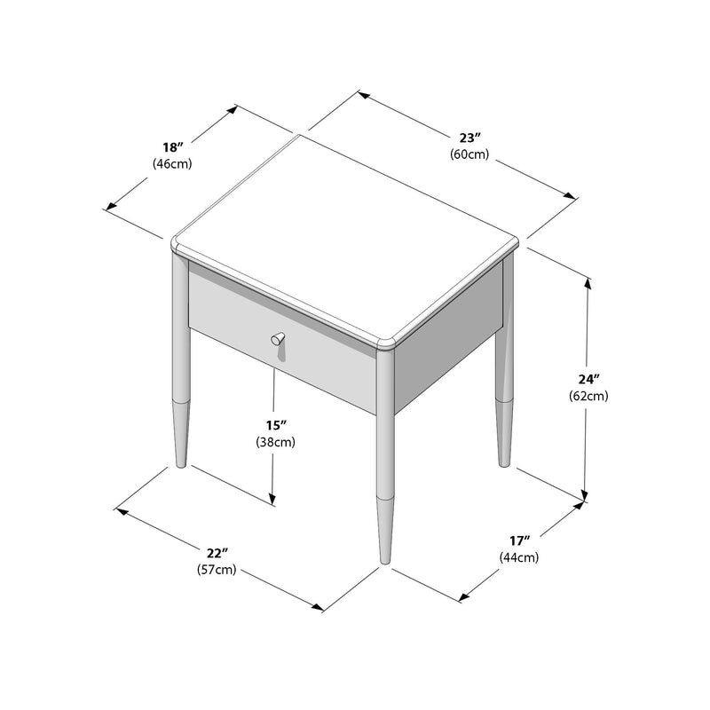 Mid-century modern wooden bedside table with single drawer and tapered legs, 23" x 18" (60×46 cm) tabletop and 24" (62 cm) height, product dimensions diagram