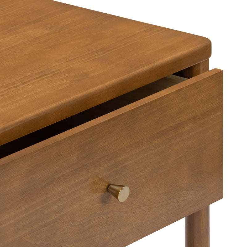 Mid-century modern walnut-finish wood nightstand with open drawer, brass knob and tapered legs
