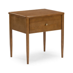 Mid-century modern walnut bedside table with single drawer, brass knob and tapered legs, compact wooden nightstand for bedroom