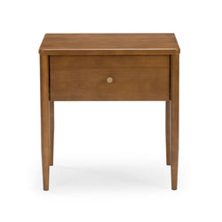 Mid-century modern walnut nightstand bedside table with one drawer, round brass knob, tapered legs and smooth rectangular top