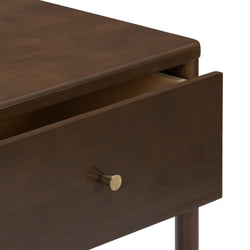 Mid-century modern walnut finish nightstand with partially open drawer, brass knob and tapered wooden leg — wooden bedside table for bedroom storage