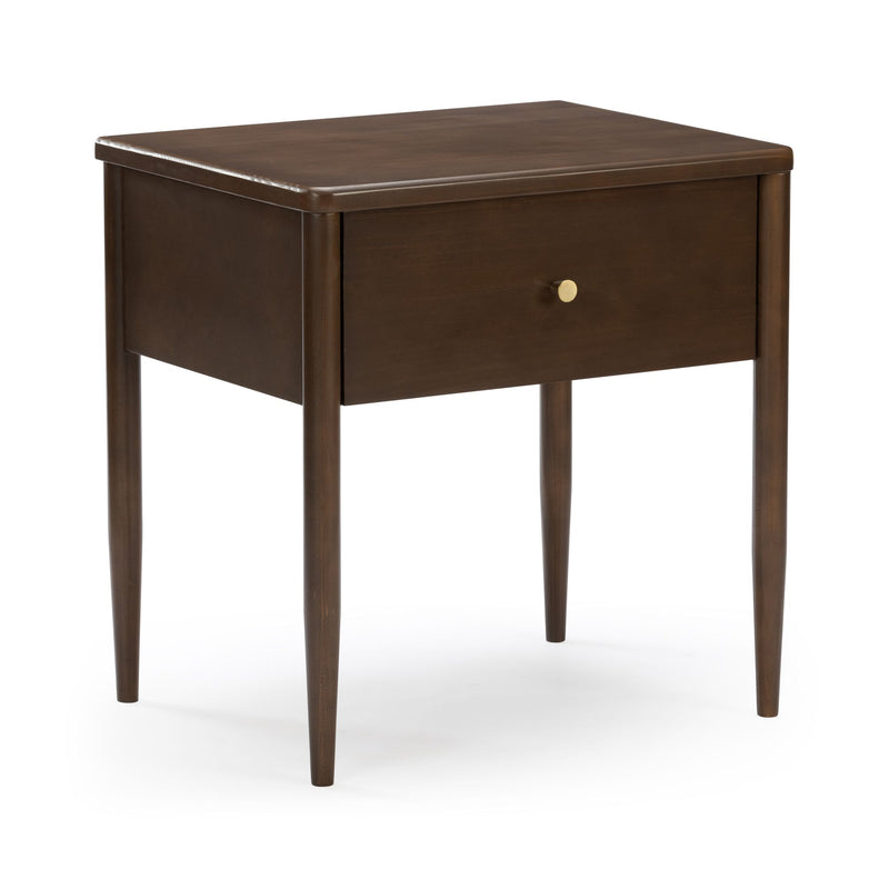 Mid-century modern dark walnut wooden nightstand bedside table with single drawer, brass knob and tapered legs on white background