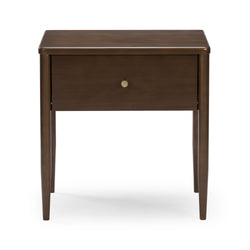 Mid-century modern dark walnut wooden nightstand with single drawer, brass knob and tapered legs — bedside table