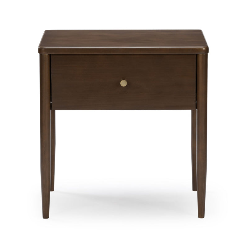 Mid-century modern dark walnut wooden nightstand with single drawer, brass knob and tapered legs — bedside table