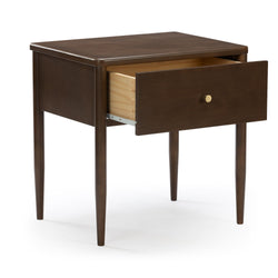 Mid-century modern dark brown wood nightstand with single open drawer, brass knob and tapered legs